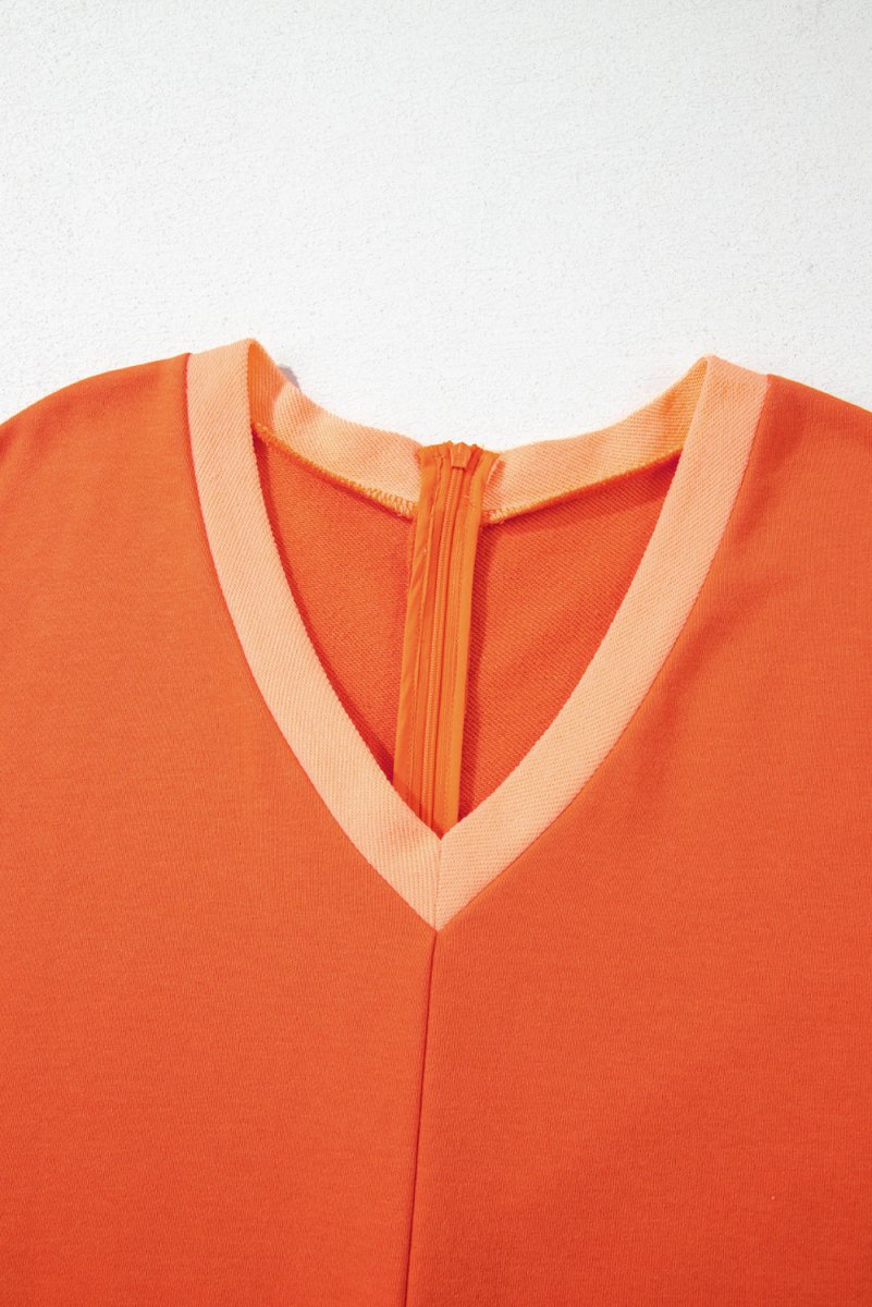 Russet Orange Two-tone Short Sleeve V Neck Patched Pocket Loose Romper - Love Salve